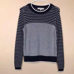 LOFT Women's Crochet Knit Striped Navy Blue White Long Sleeve Sweater